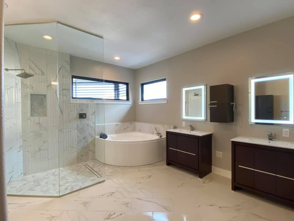 Spa-style bathroom with soaking tub after professional deep clean