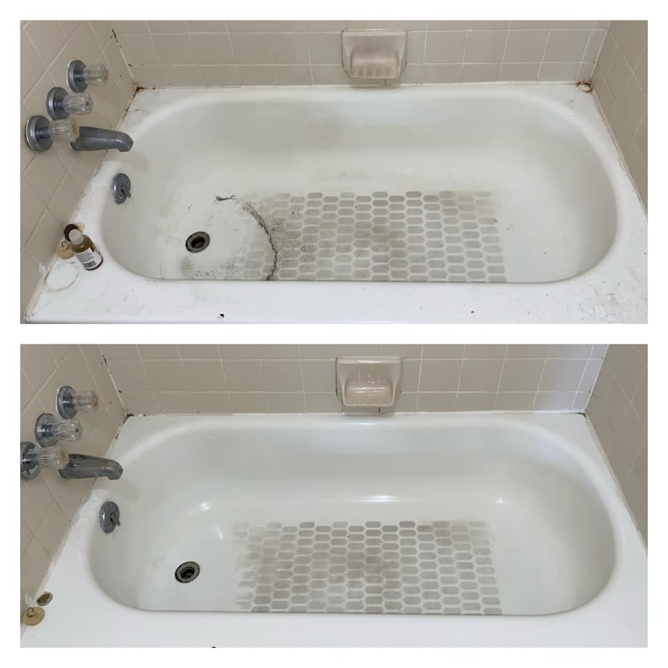 Bathtub before and after deep cleaning — stains removed
