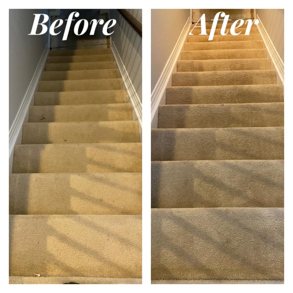 Carpeted stairs before and after professional deep clean — vibrant pattern restored