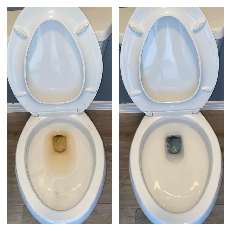 Toilet deep clean before and after — mineral buildup removed